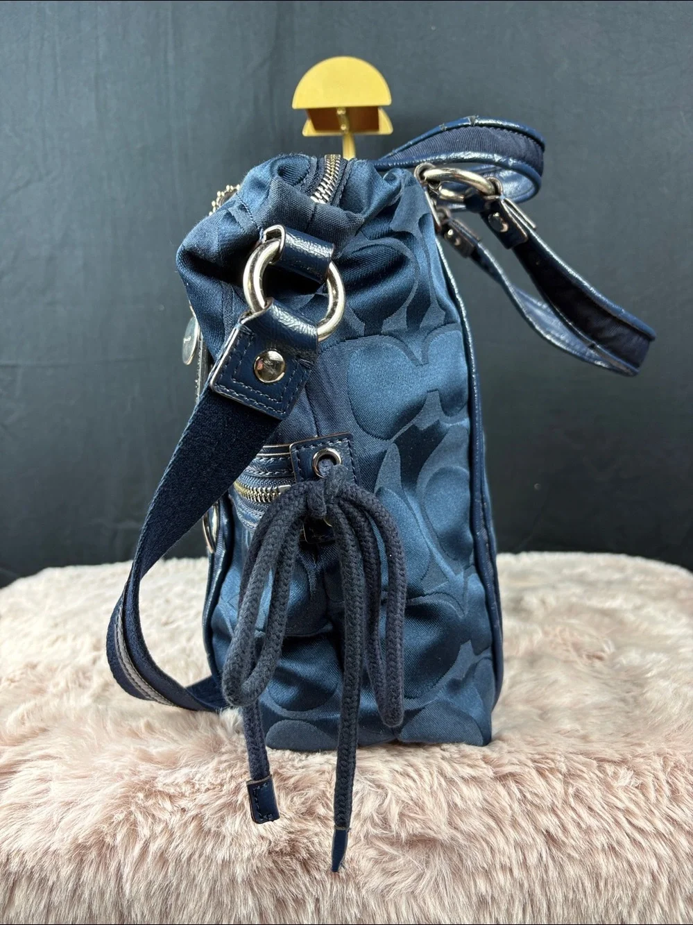Coach Poppy Signature Sateen Daisy Tote Navy Blue Heart Zipper Charm With Dusty
